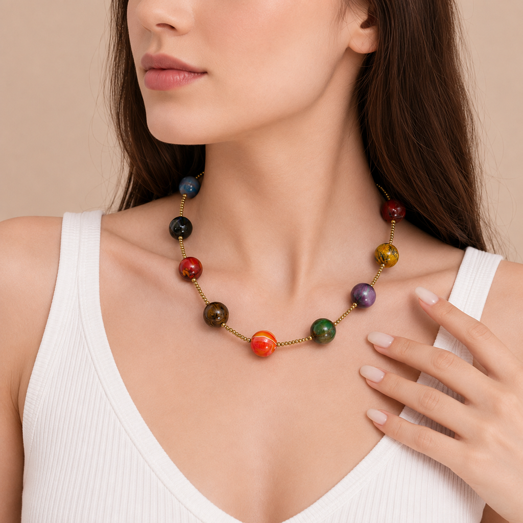 Marbled Bead Station Necklace