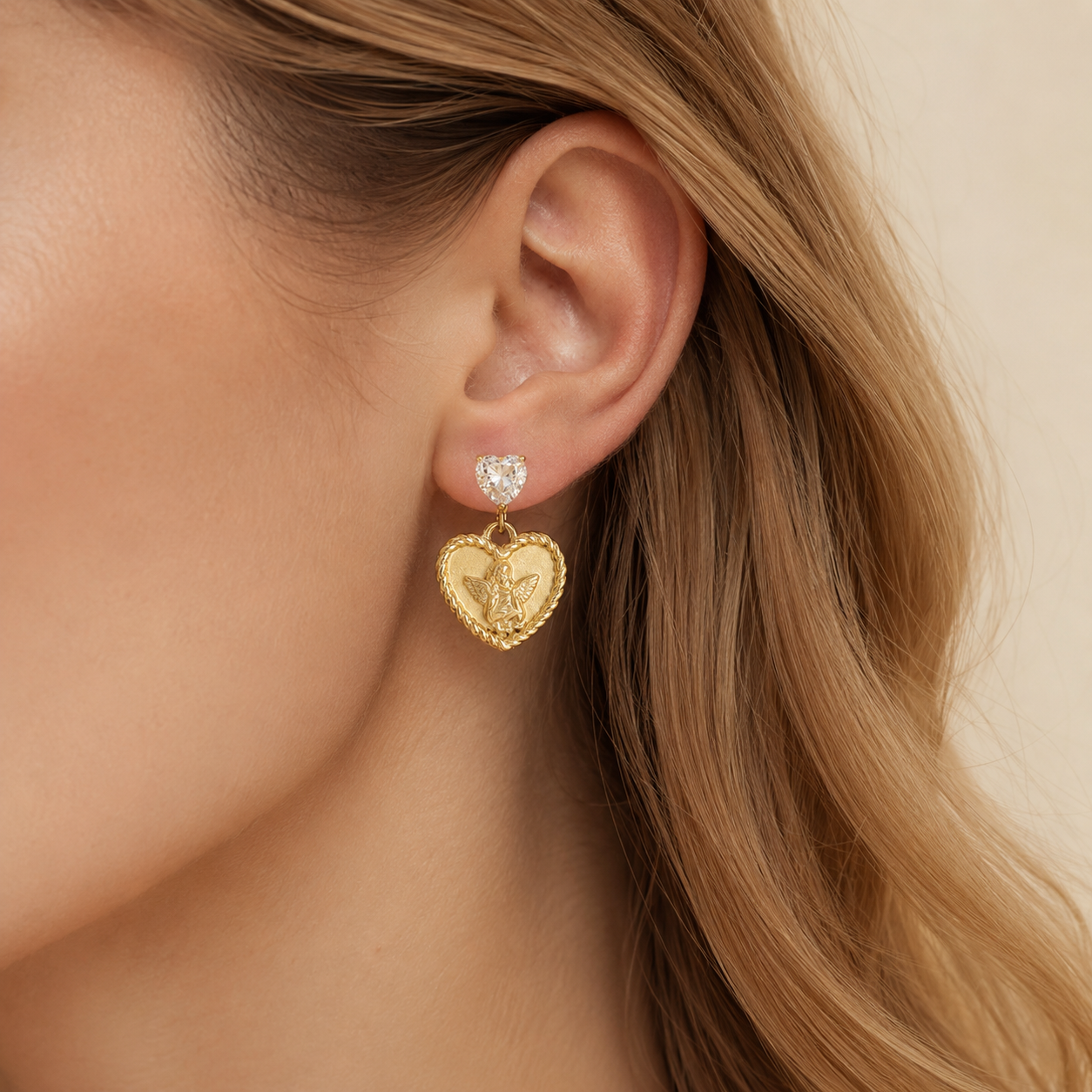 Angel Heart Drop Stud Earrings