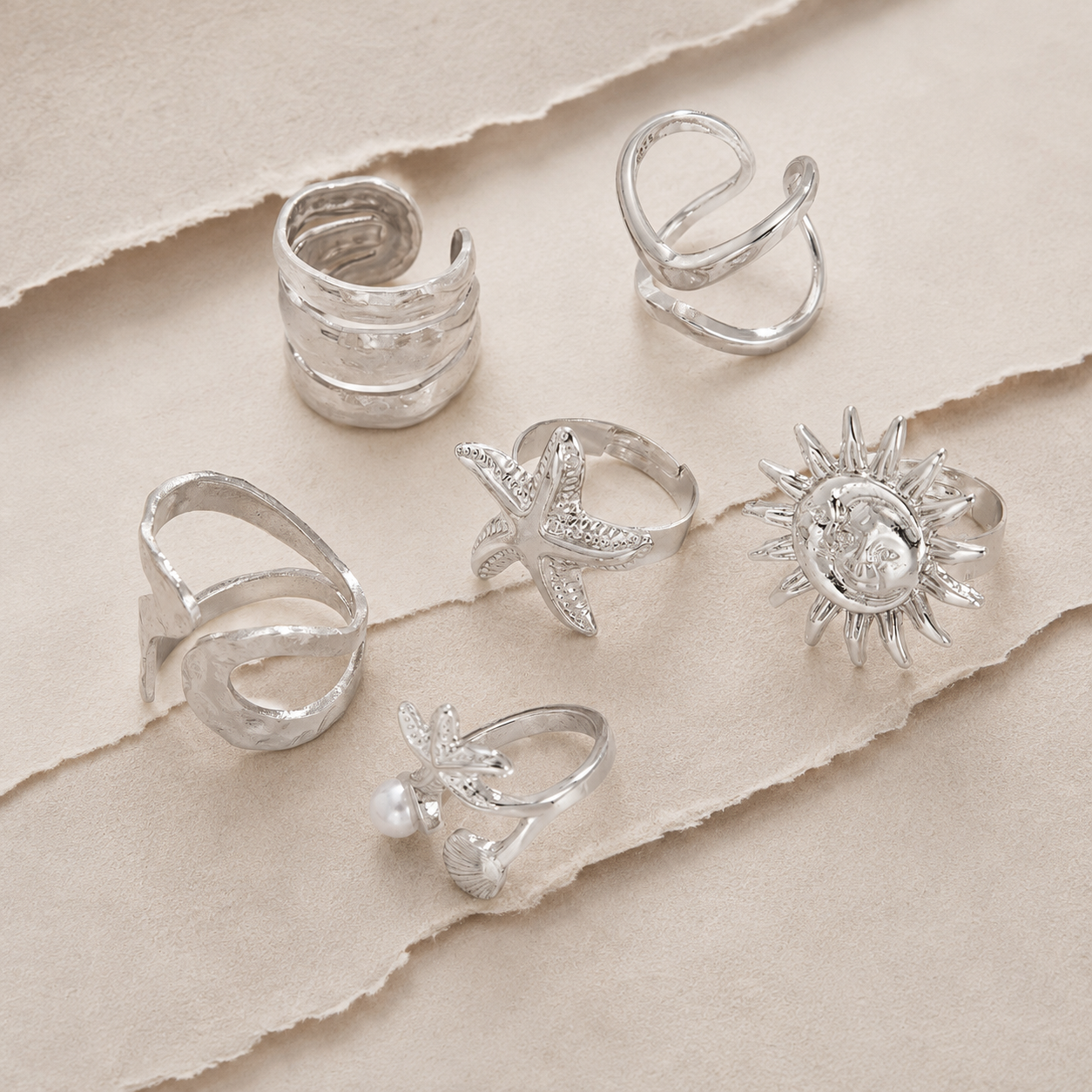 Sunburst & Wave Motif Stackable Ring Set