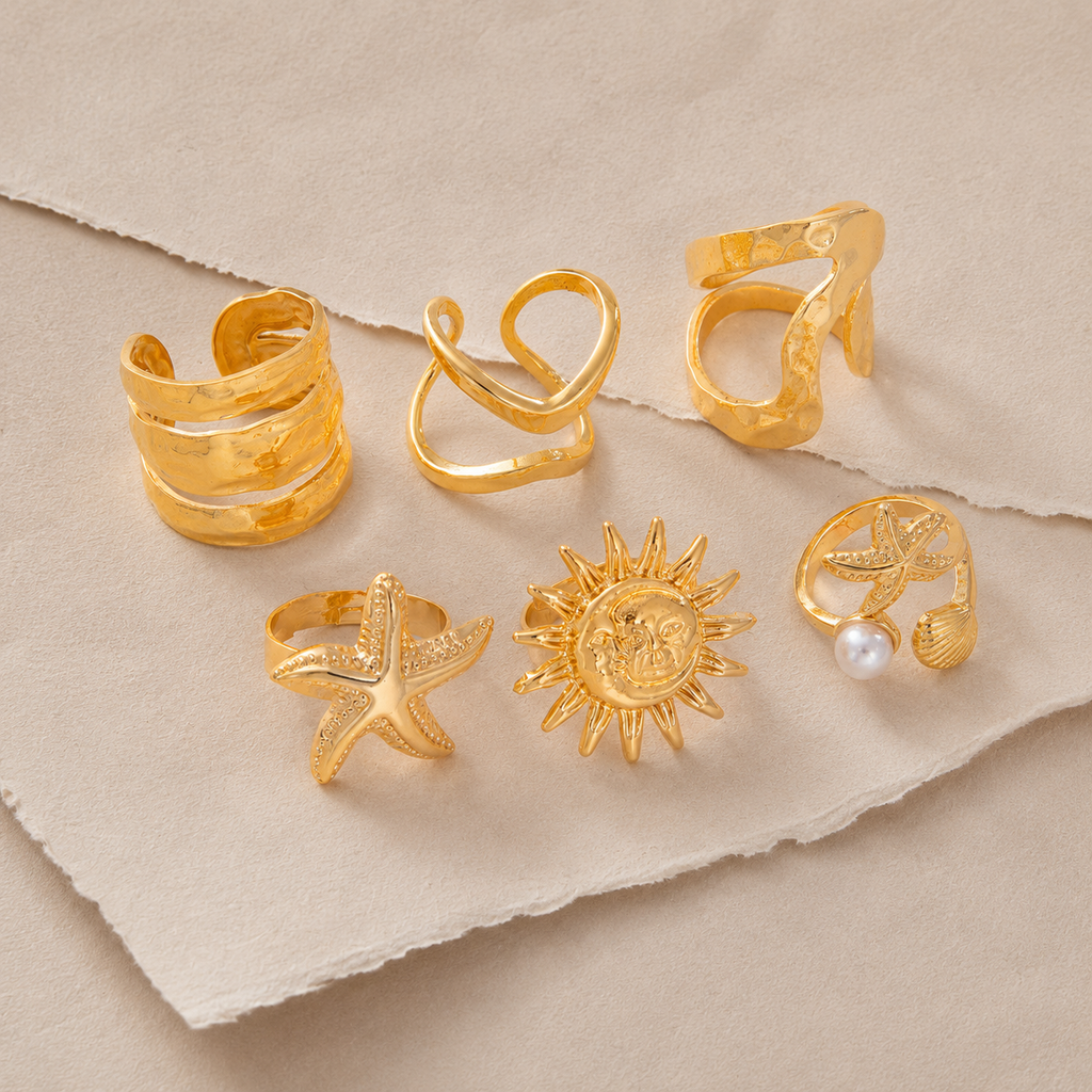 Sunburst & Wave Motif Stackable Ring Set
