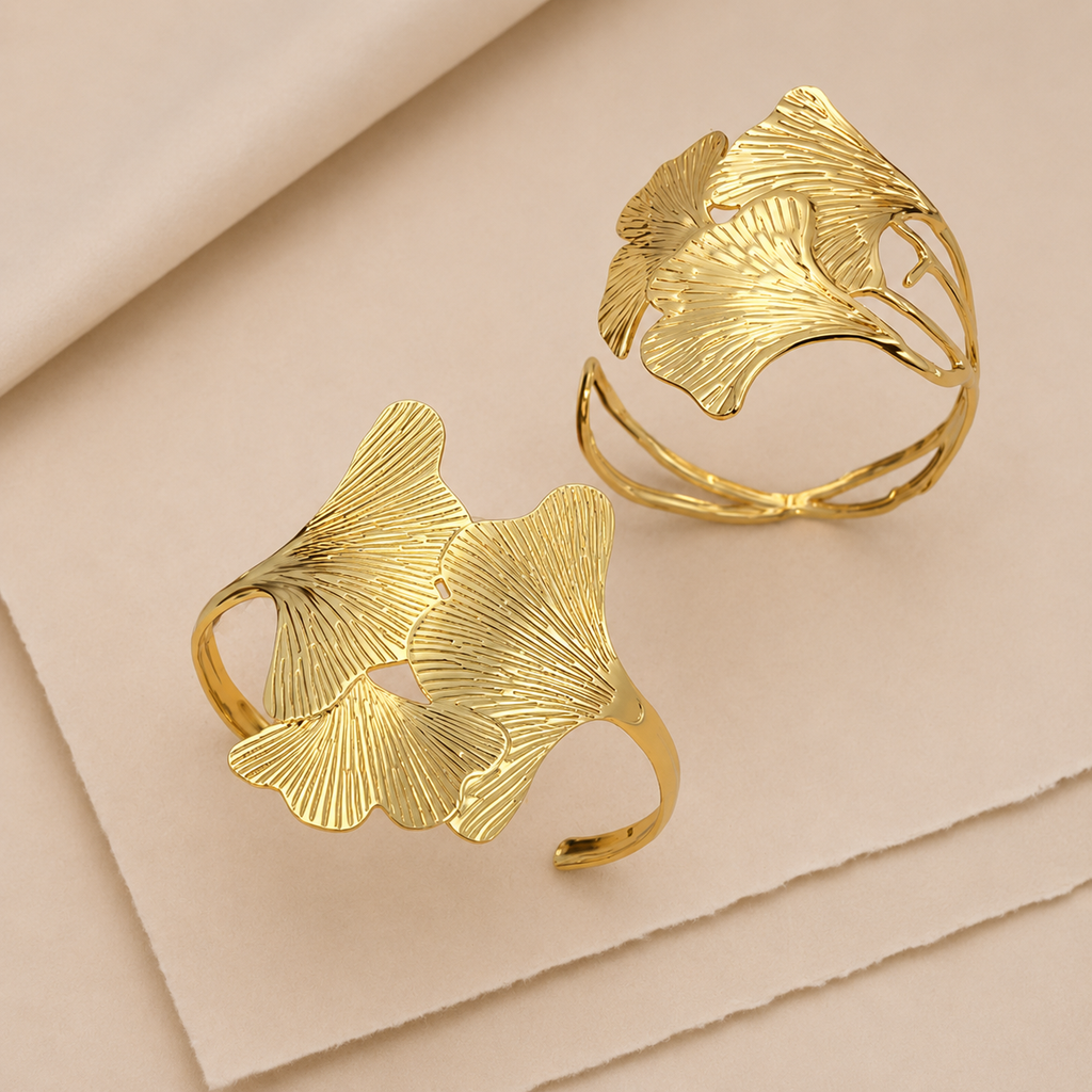 Ginkgo Leaf Open Cuff Bracelet Set