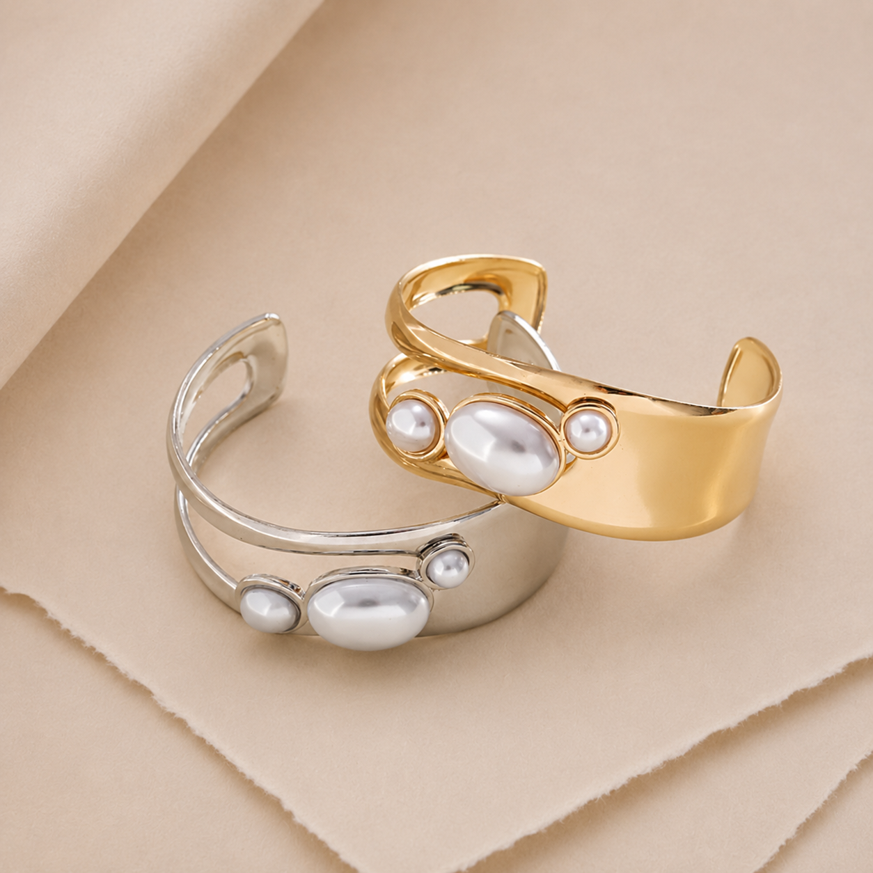 Sculptural Pearl Accent Cuff Bracelet