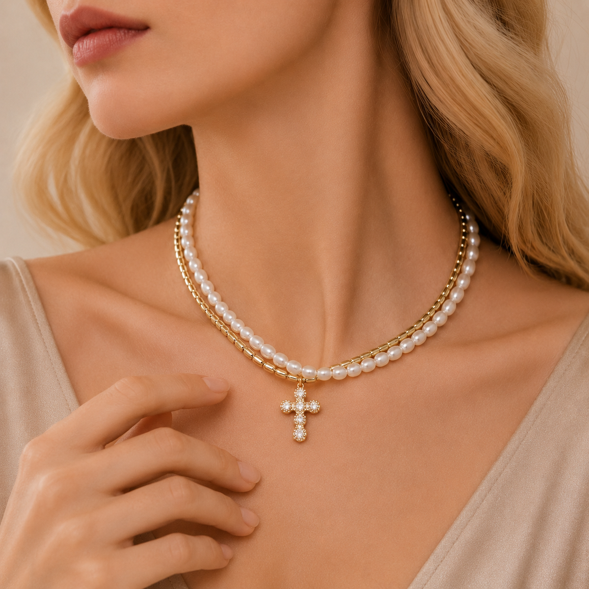 Beaded Cross Choker Necklace