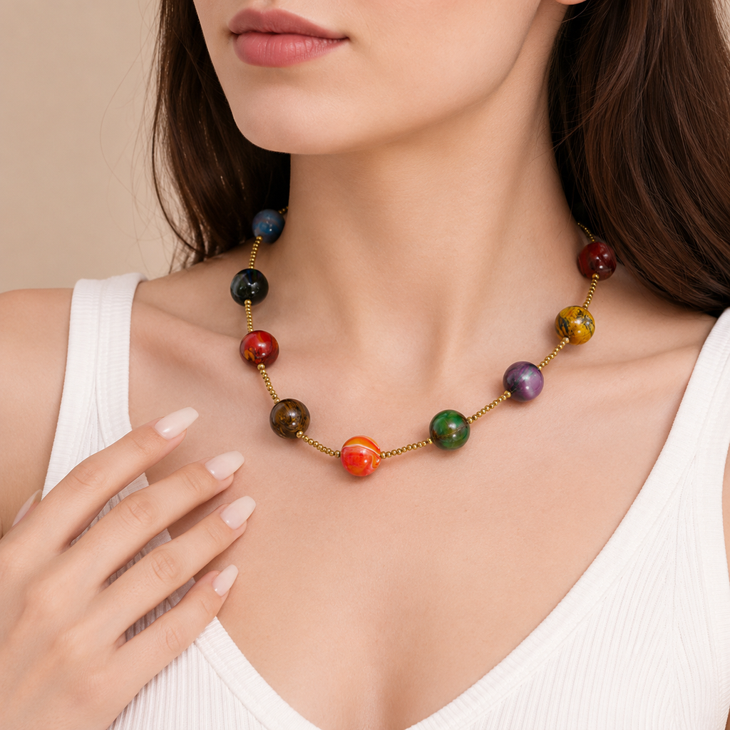 Marbled Bead Station Necklace