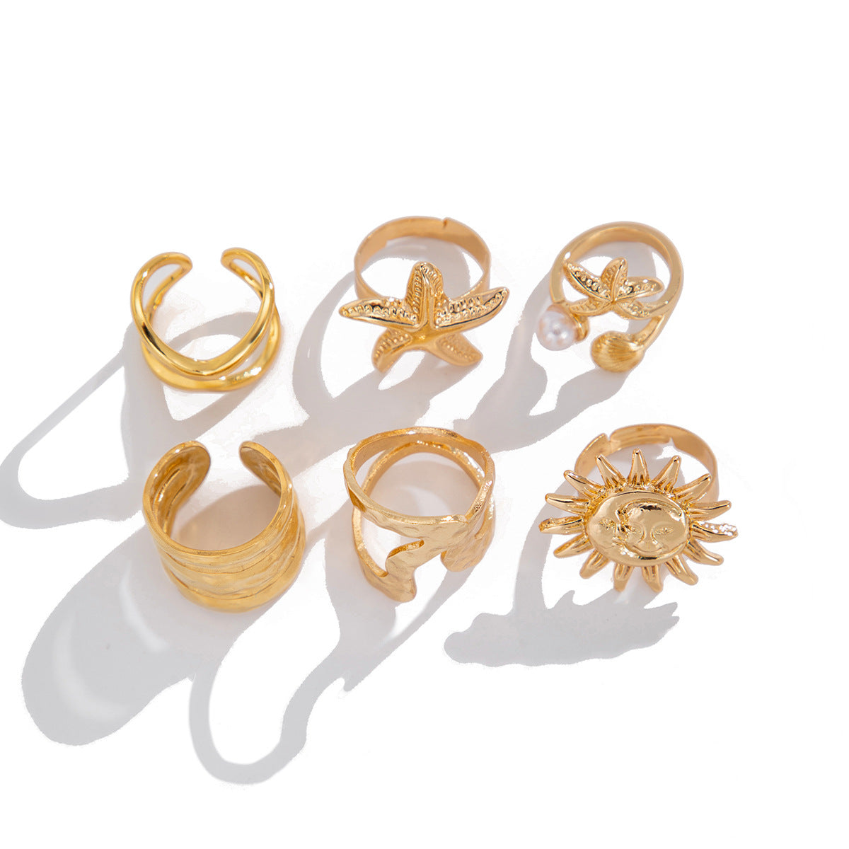 Sunburst & Wave Motif Stackable Ring Set