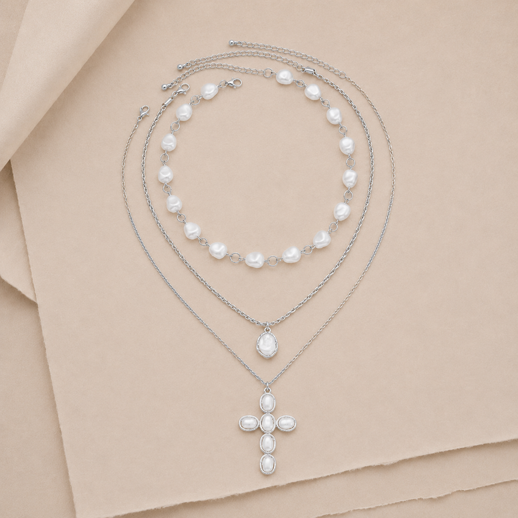 Layered Cross Pendant Necklace Set