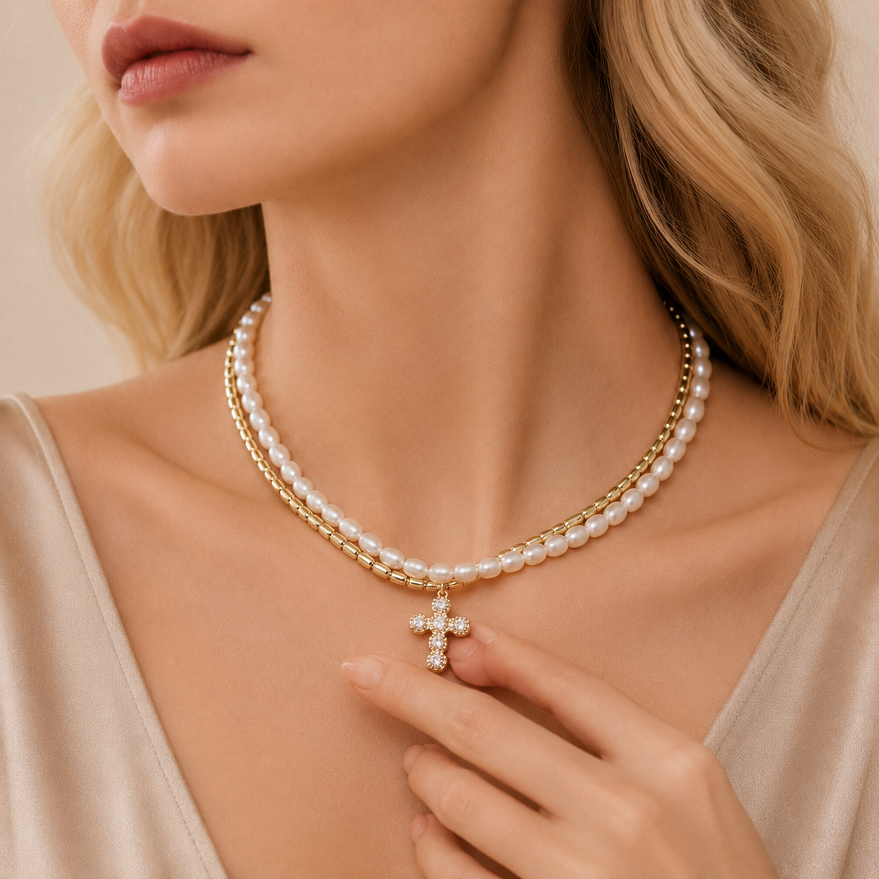 Beaded Cross Choker Necklace