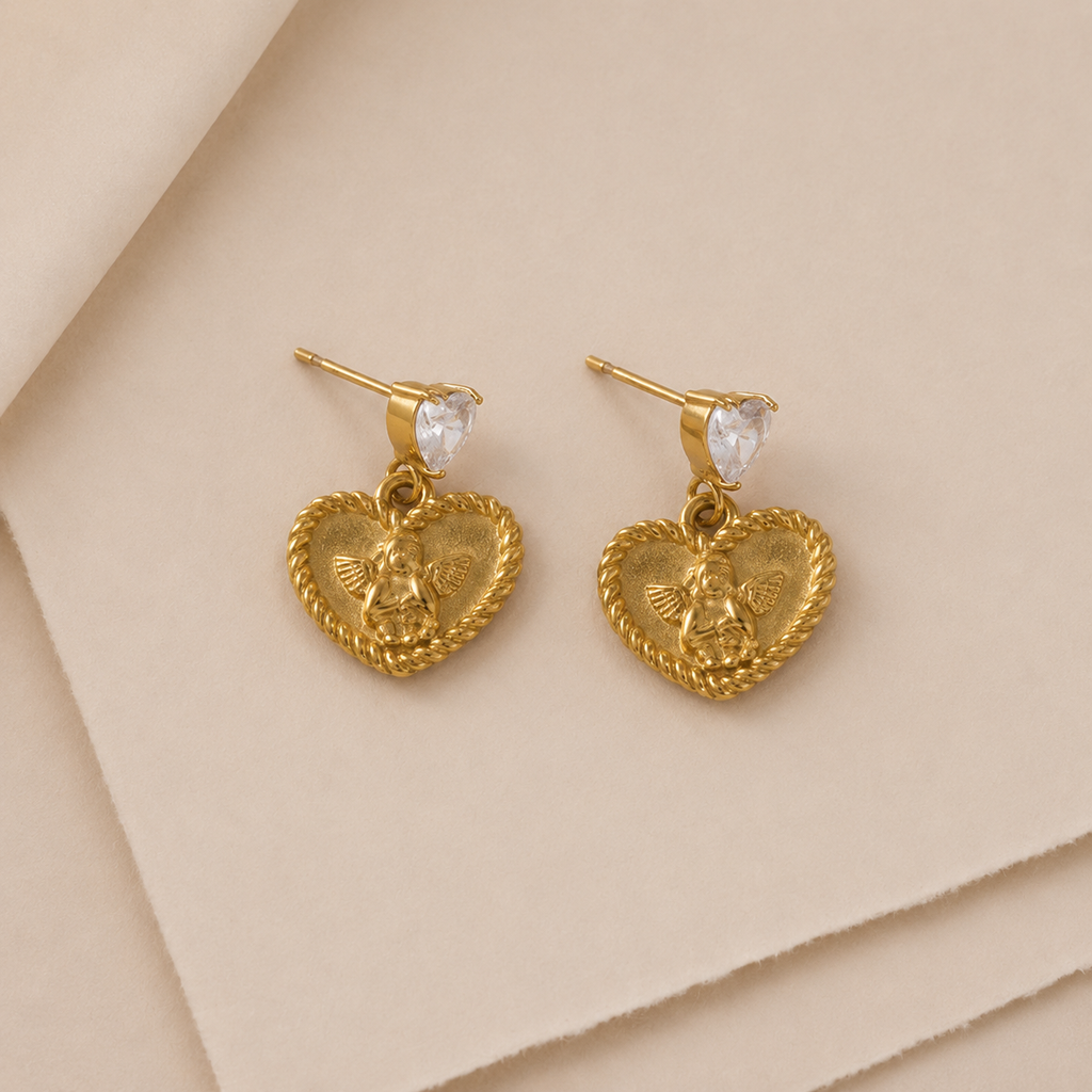 Angel Heart Drop Stud Earrings