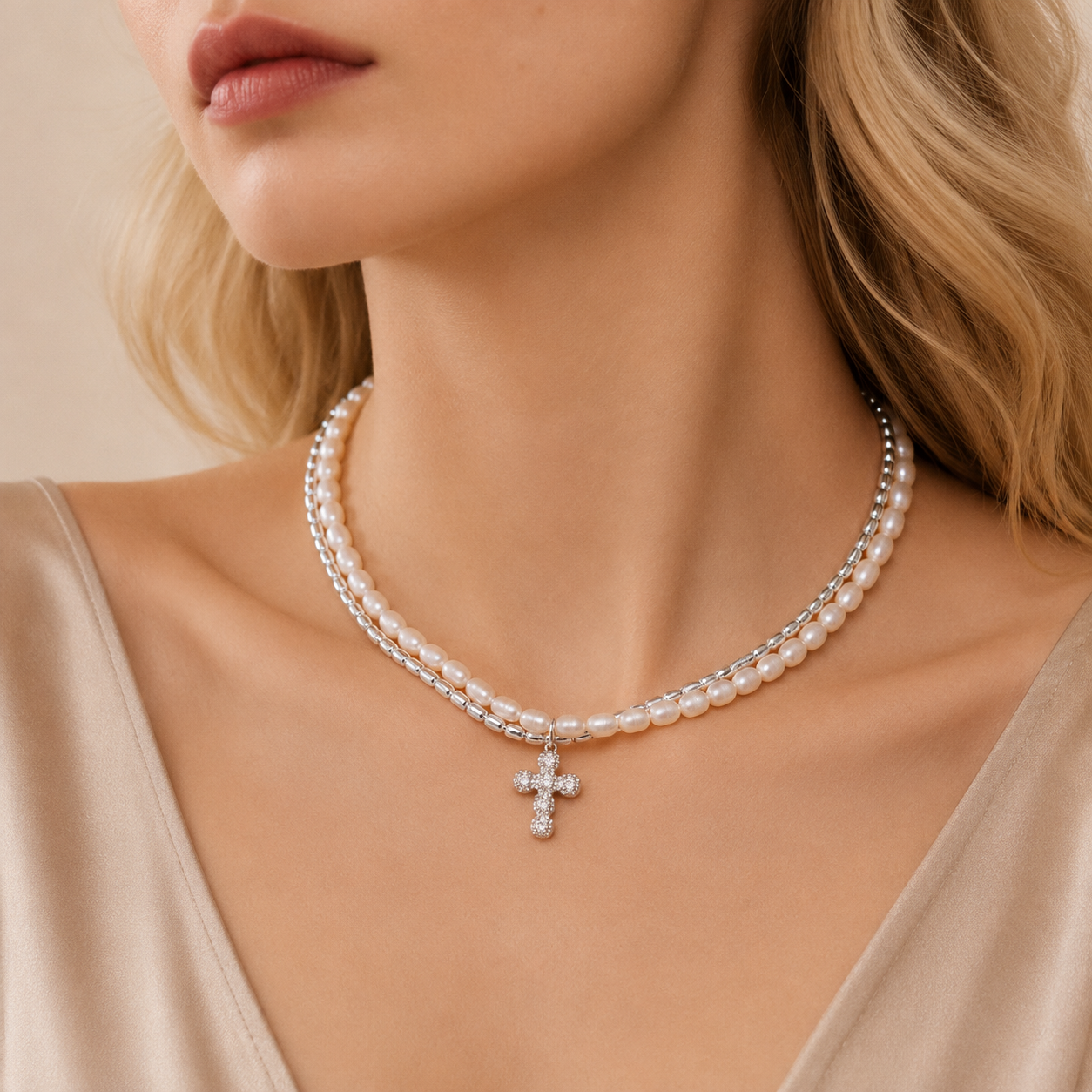 Beaded Cross Choker Necklace