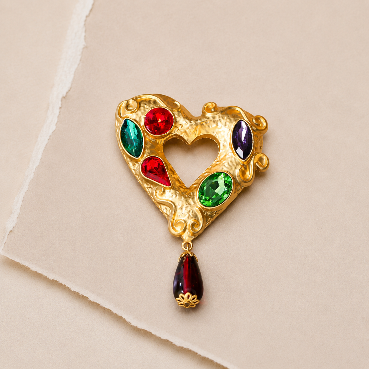 Gem-Accent Heart Drop Brooch