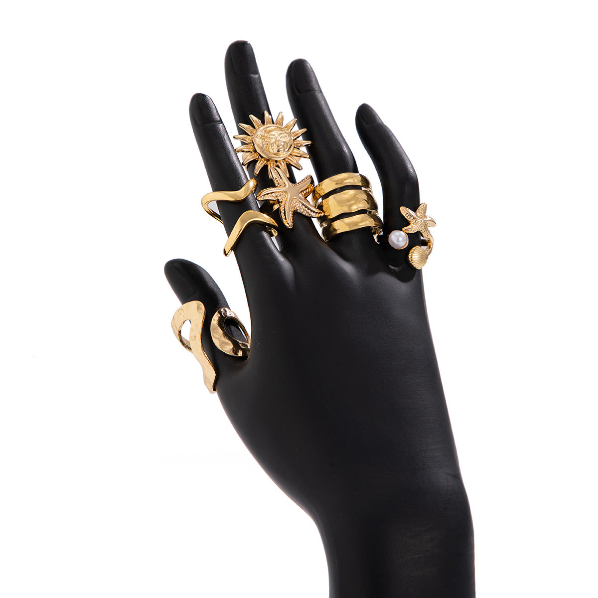 Sunburst & Wave Motif Stackable Ring Set