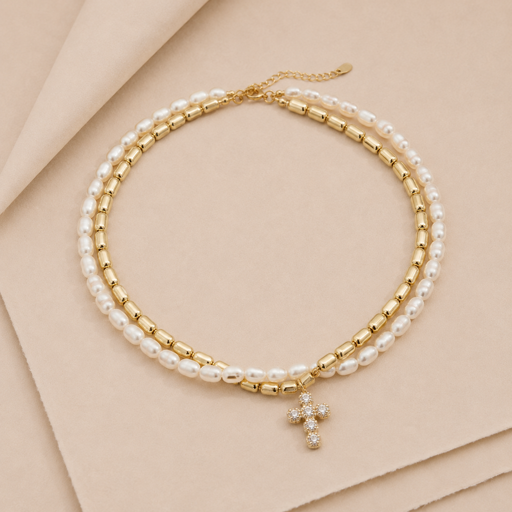 Beaded Cross Choker Necklace