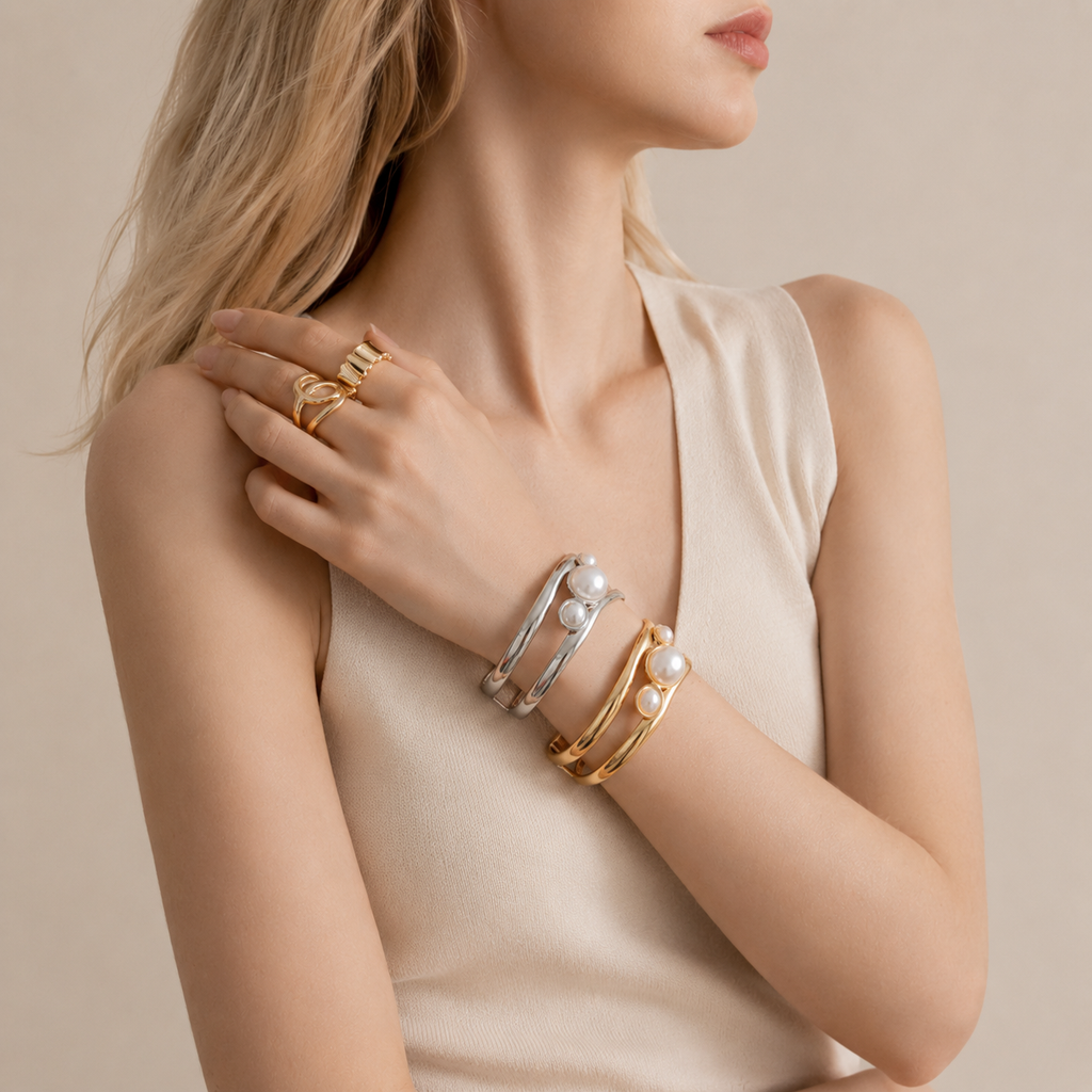 Sculptural Pearl Accent Cuff Bracelet