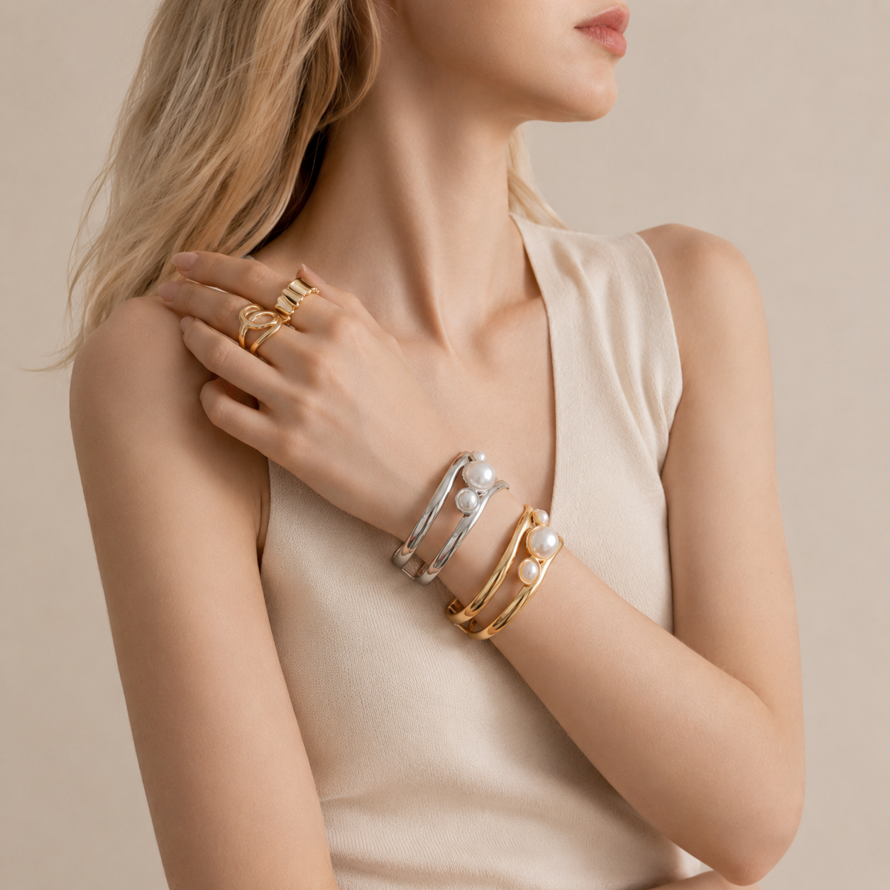 Sculptural Pearl Accent Cuff Bracelet
