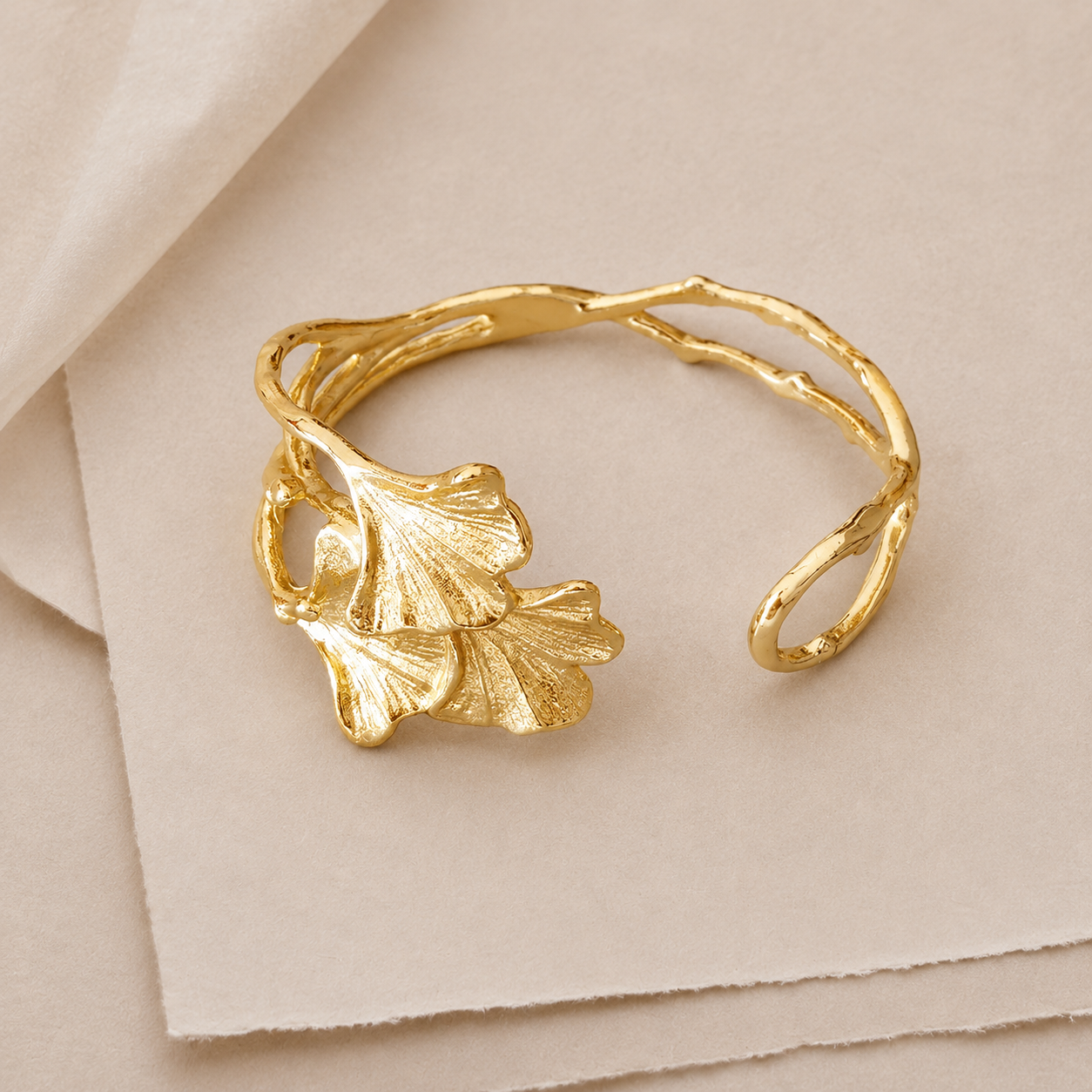 Leaf Accent Open Cuff Bracelet