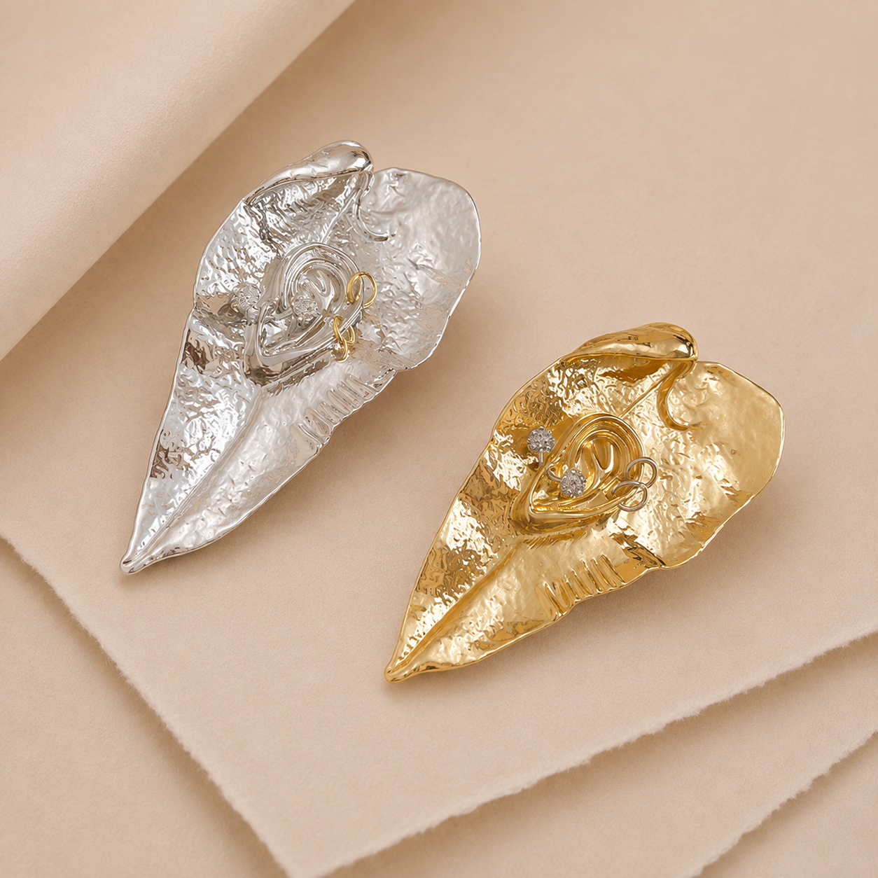 Sculptural Leaf Crystal Accent Brooch