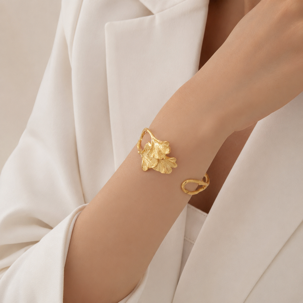 Leaf Accent Open Cuff Bracelet
