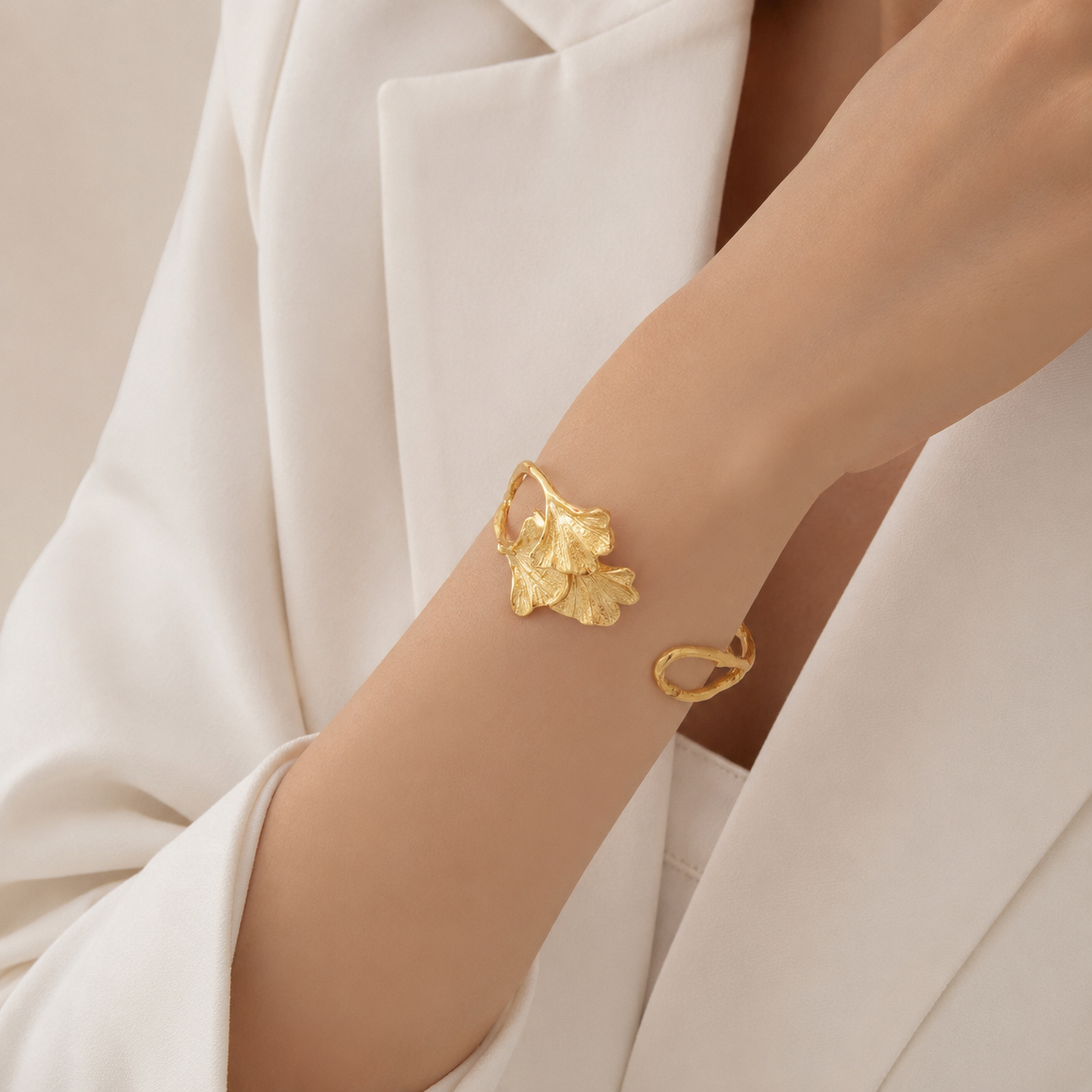 Leaf Accent Open Cuff Bracelet
