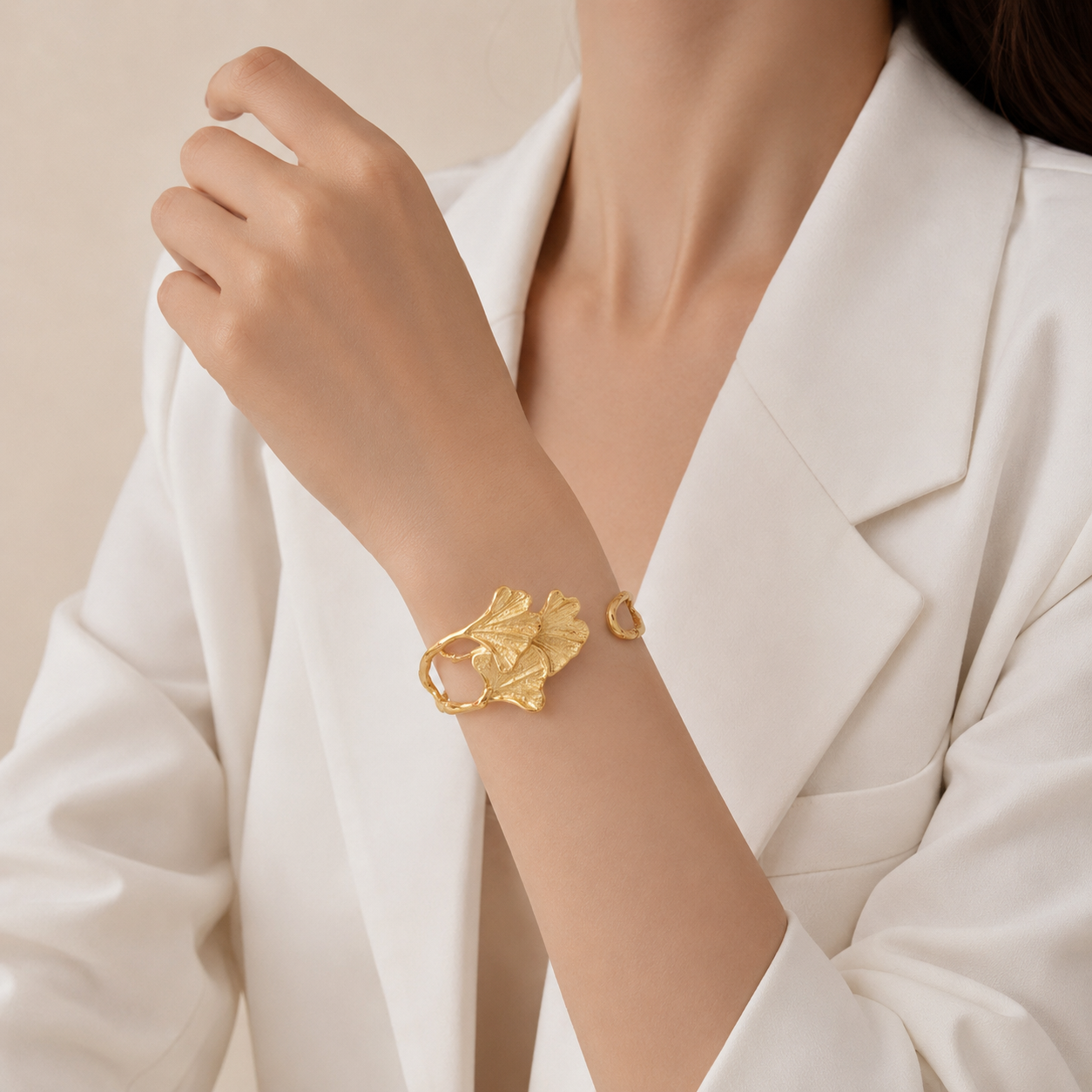 Leaf Accent Open Cuff Bracelet