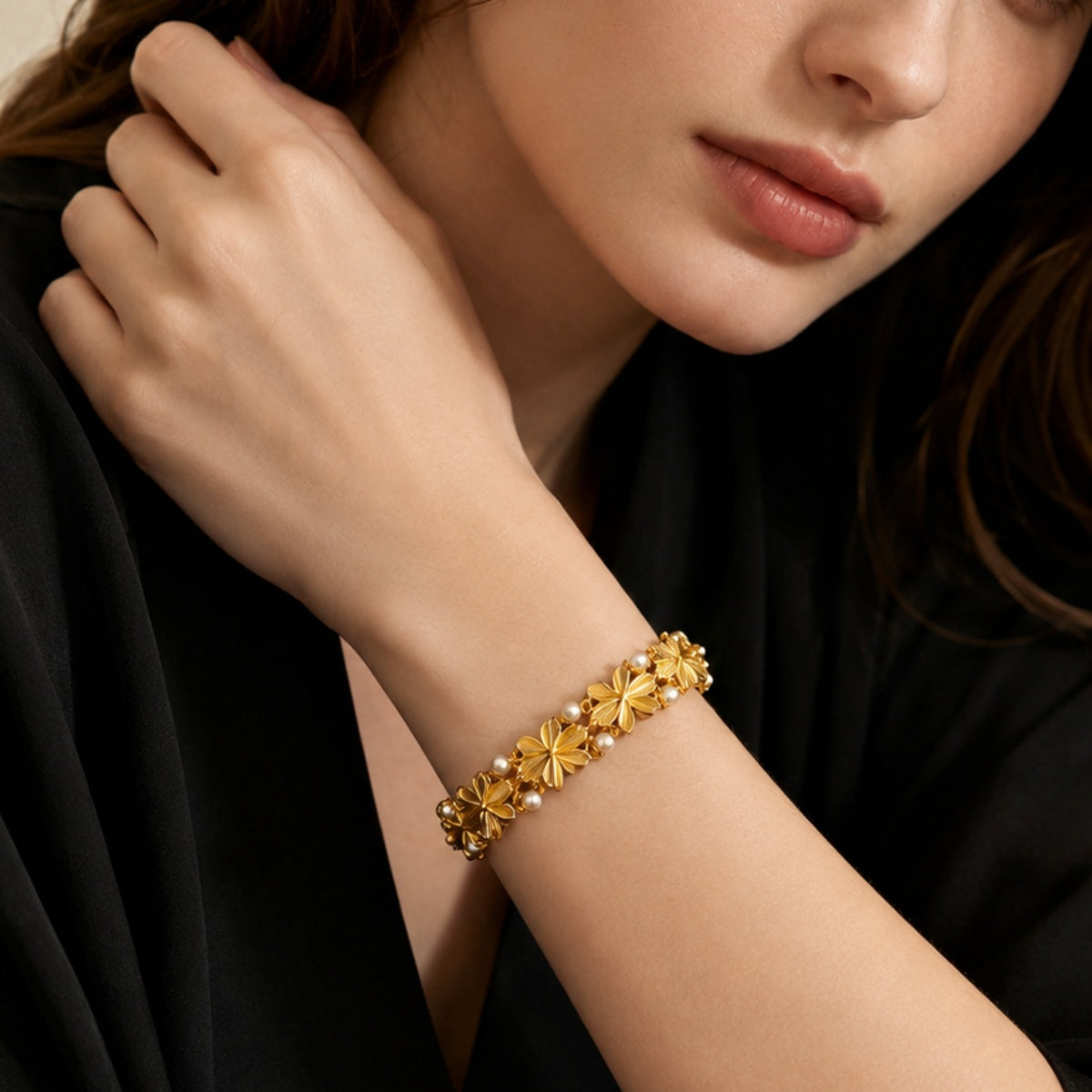 Pearl Accent Leaf Link Bracelet