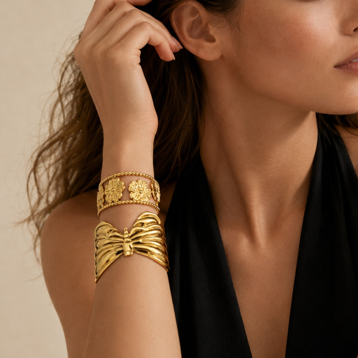 Butterfly & Floral Open Cuff Bracelet Set