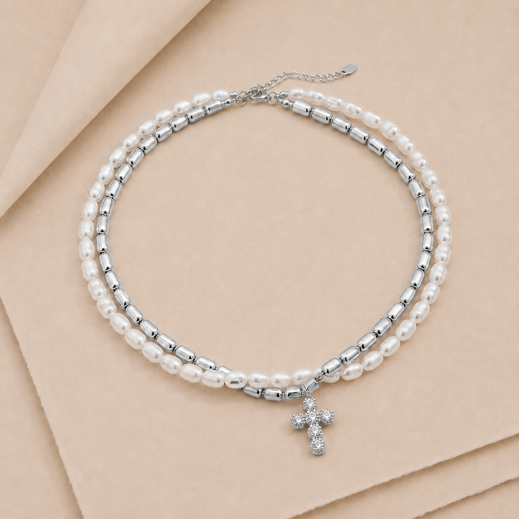 Beaded Cross Choker Necklace