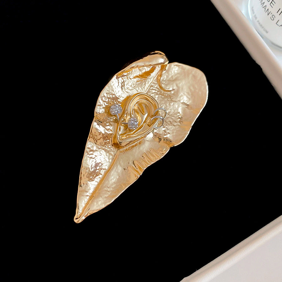 Sculptural Leaf Crystal Accent Brooch