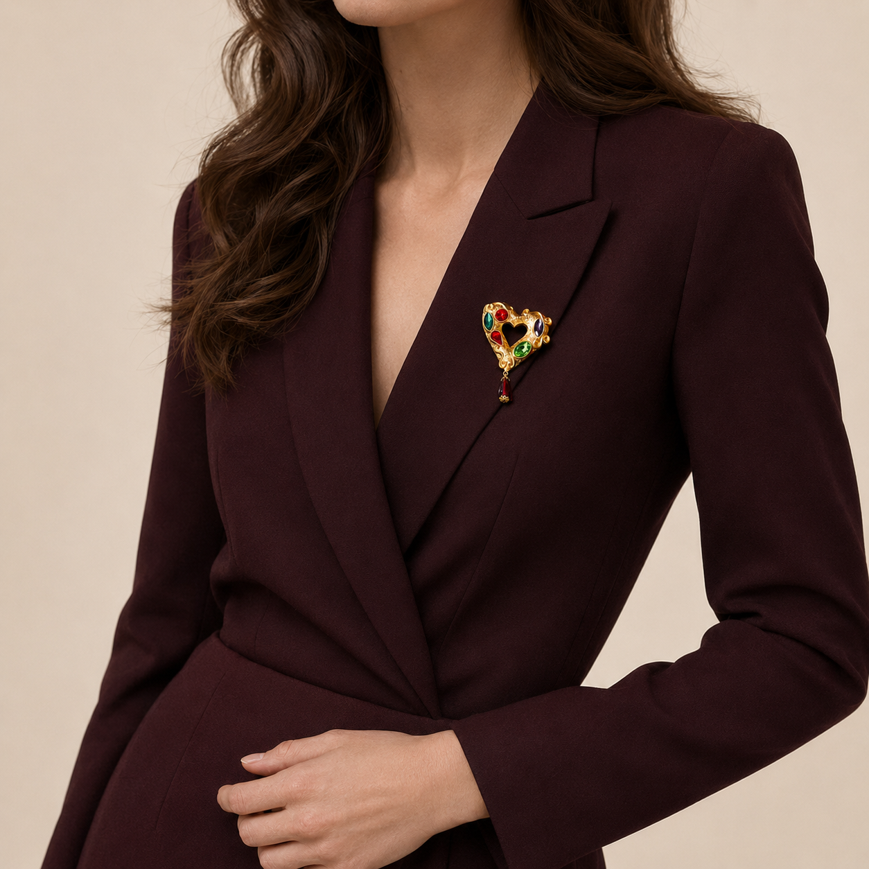 Gem-Accent Heart Drop Brooch