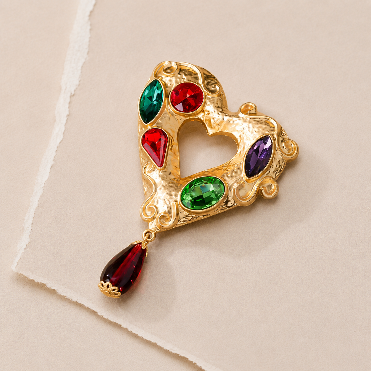 Gem-Accent Heart Drop Brooch