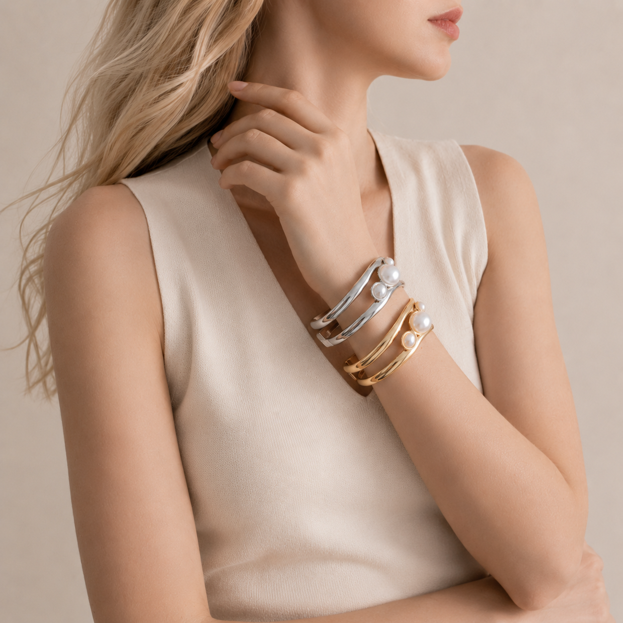Sculptural Pearl Accent Cuff Bracelet