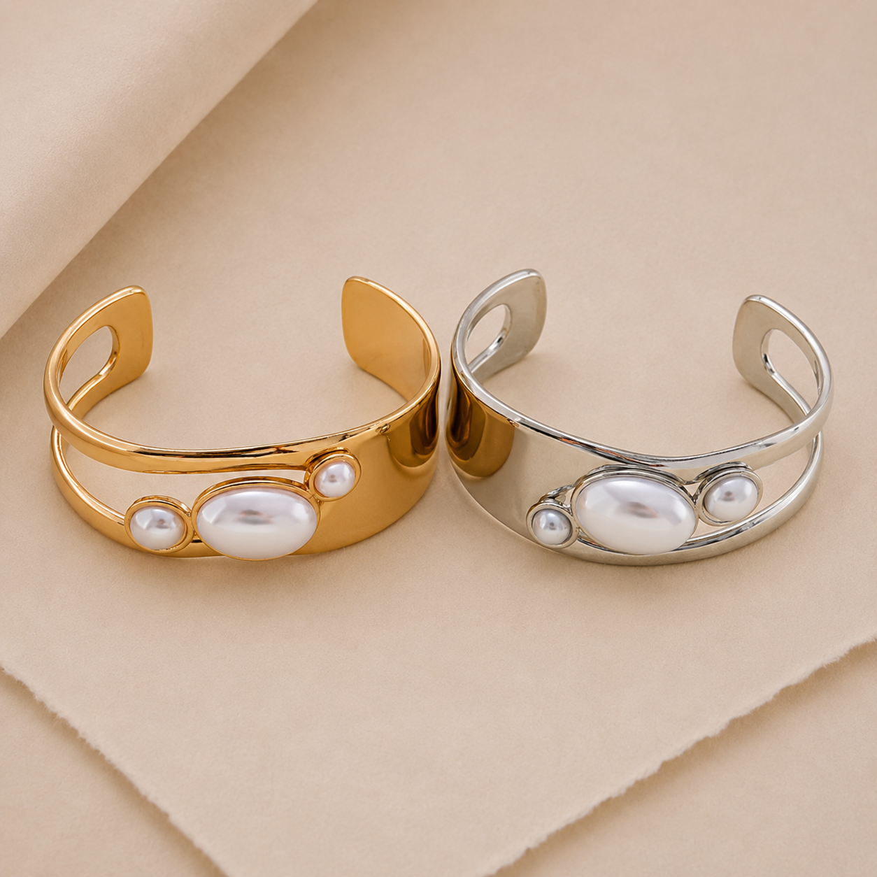 Sculptural Pearl Accent Cuff Bracelet
